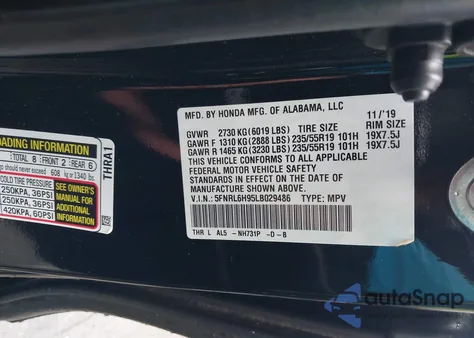2020 Honda Odyssey Elite from USA, damaged, VIN 5FNRL6H95LB029486
